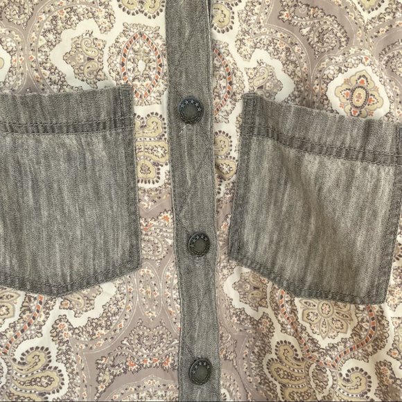 Free People Center Front Paisley Denim Pocket Silky Button Down oversized top XS - Picture 9 of 13